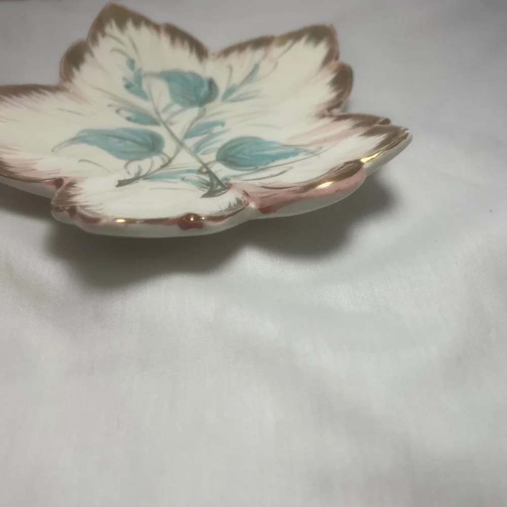 Vintage Italian Leaf Dish Hand Painted Blue & Pink with Gold Trim  Made in Italy